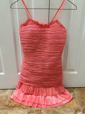 Girls Coral Pink Ruched Ruffle Dress with Spaghetti Straps